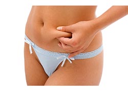 woman in blue panties pinching abdominal fat